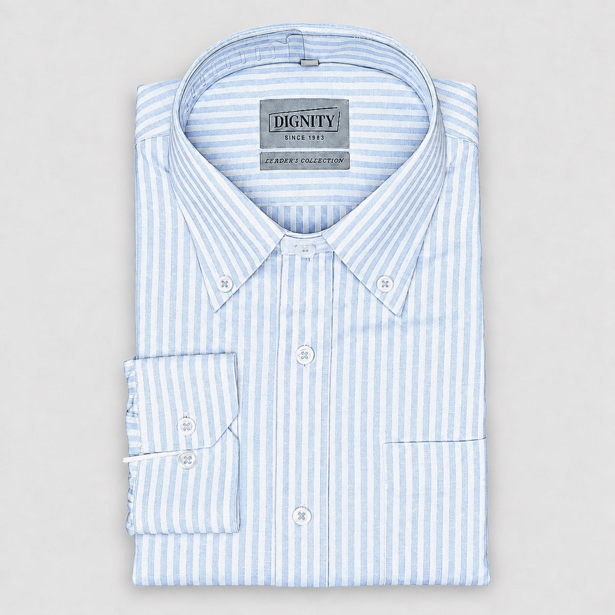 Light Blue Striped Linen Shirt for Men – White Contrast Button-Down Collar