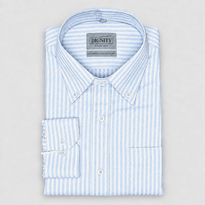 Light Blue Striped Linen Shirt for Men – White Contrast Button-Down Collar