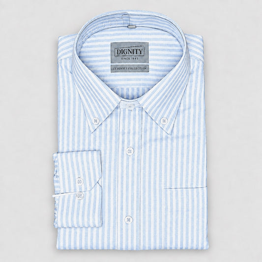 Light Blue Striped Linen Shirt for Men – White Contrast Button-Down Collar