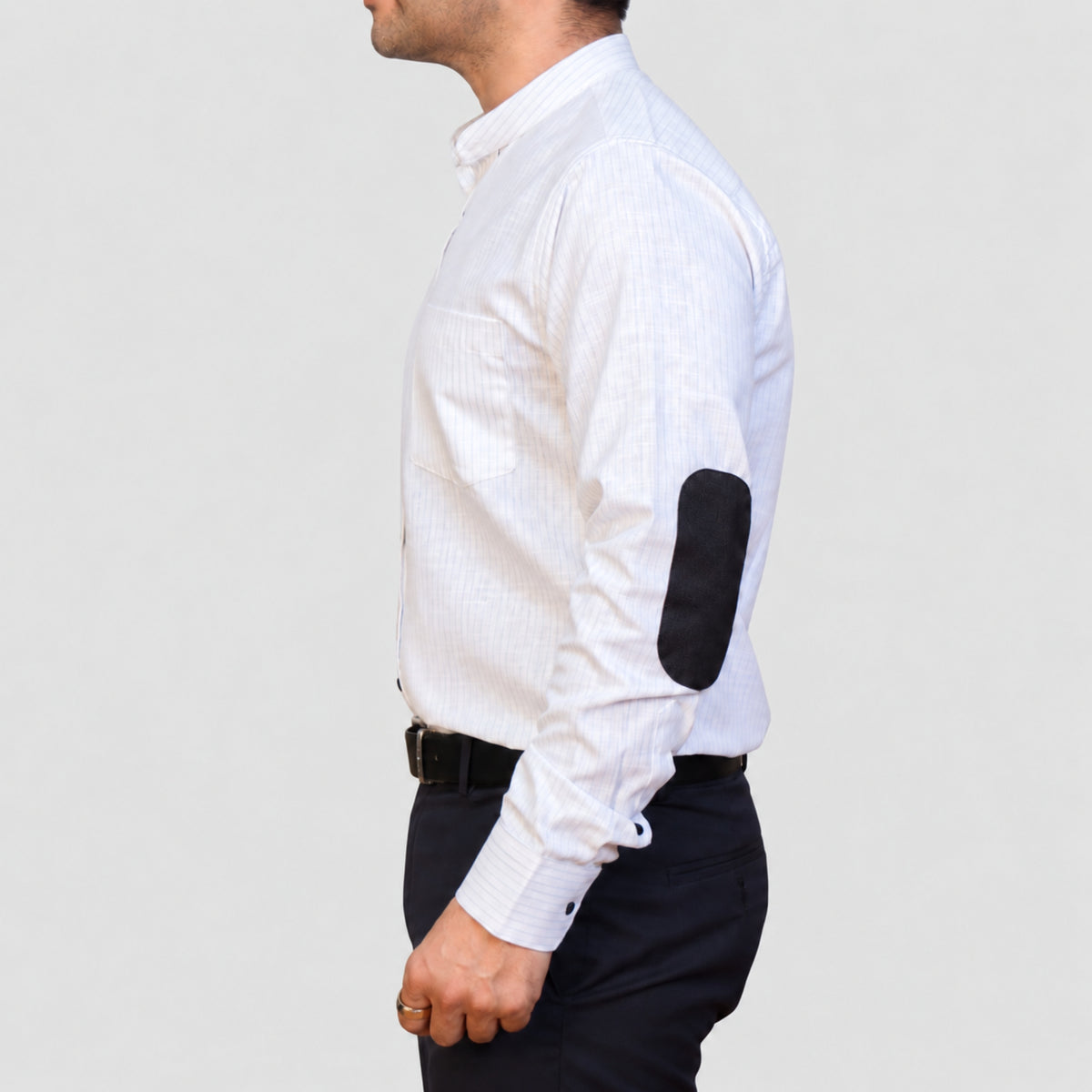 White Pinstripe Linen Shirt for Men – Mandarin Collar & Black Contrast Details