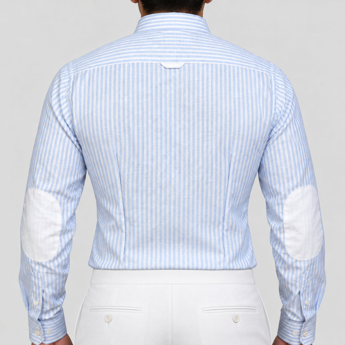 Light Blue Striped Linen Shirt for Men – White Contrast Button-Down Collar