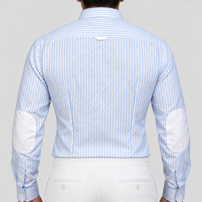 Light Blue Striped Linen Shirt for Men – White Contrast Button-Down Collar