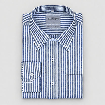 Blue Striped Linen Shirt for Men – White Contrast Button-Down Collar