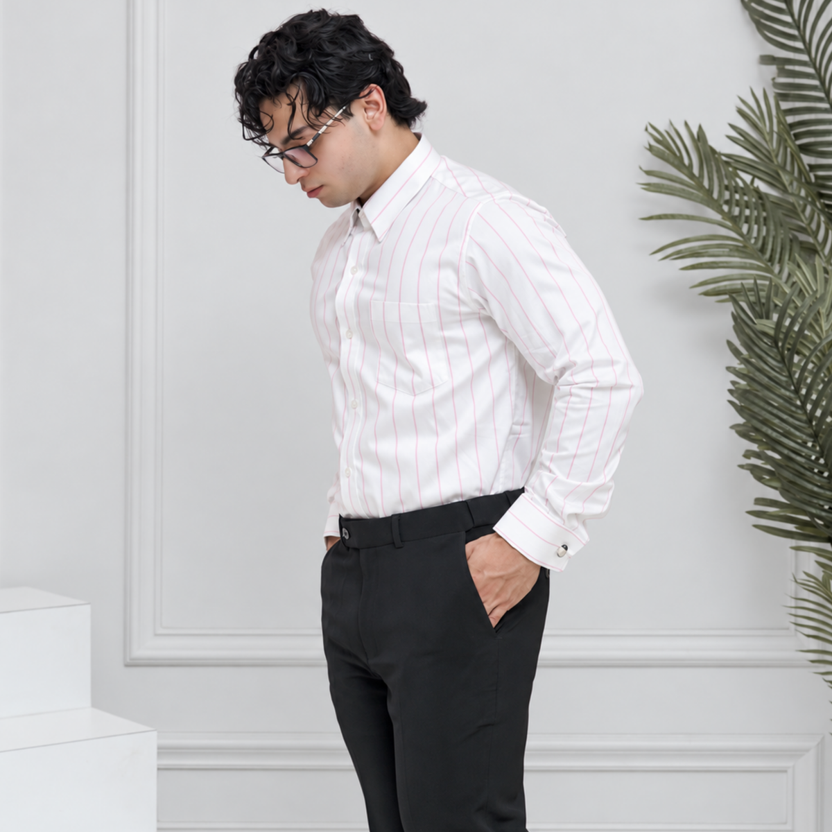 Pink-on-White Stripe Egyptian Giza Cotton Formal Shirt for Men – Twill Weave & French Cuffs