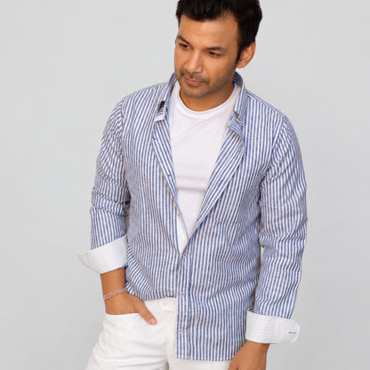 Blue Striped Linen Shirt for Men – White Contrast Button-Down Collar