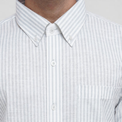 Grey Striped Linen Shirt for Men – White Contrast Button-Down Collar