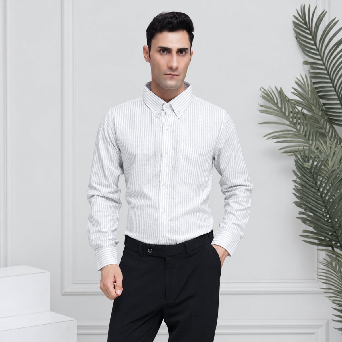 Grey Striped Linen Shirt for Men – White Contrast Button-Down Collar