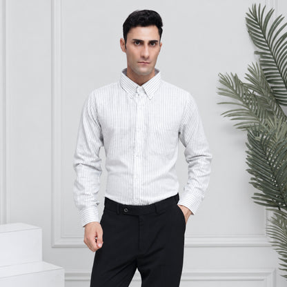 Grey Striped Linen Shirt for Men – White Contrast Button-Down Collar