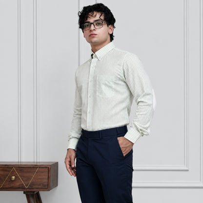 Light Green Striped Linen Shirt for Men – White Contrast Button-Down Collar