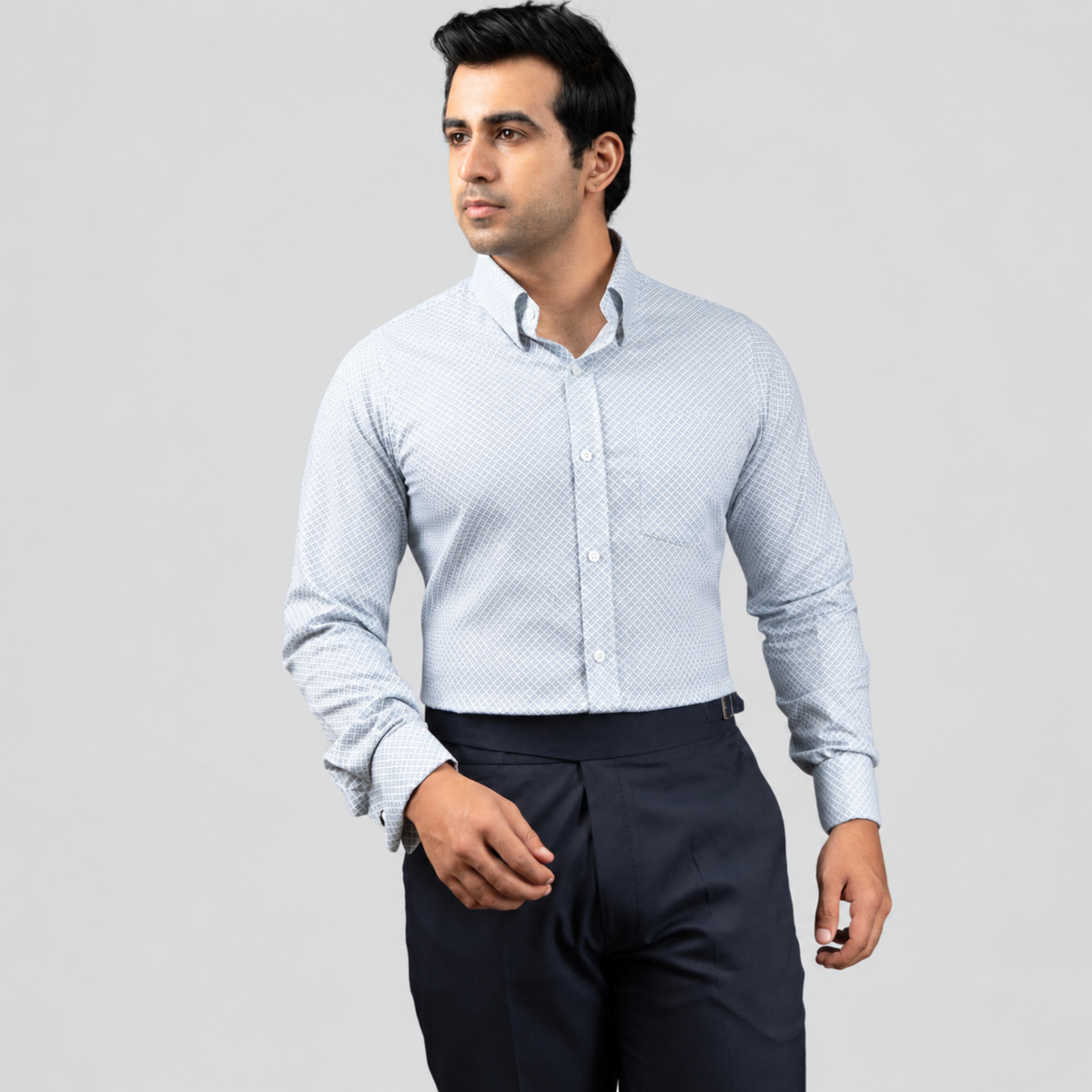 Grey Micro-Print Egyptian Giza Cotton Formal Shirt for Men – Twill Weave & French Cuffs