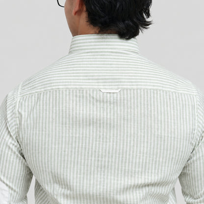 Light Green Striped Linen Shirt for Men – White Contrast Button-Down Collar