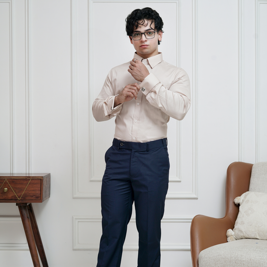 Beige Cotton Satin Formal Shirt for Men – French Cuffs/ front view