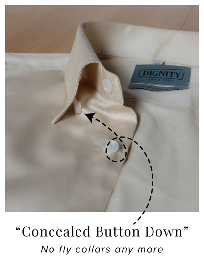 Beige Cotton Satin Formal Shirt with French Cuffs and Concealed Button Down Collar | Dignity | Collar View