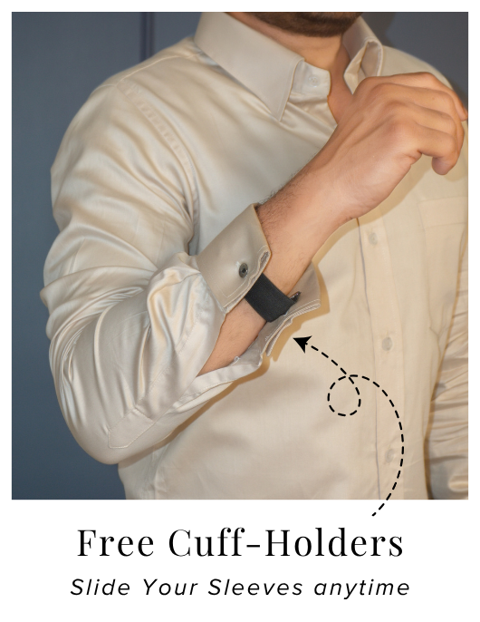 Beige Cotton Satin Formal Shirt with French Cuffs and Concealed Button Down Collar | Dignity | Cuff Holder View