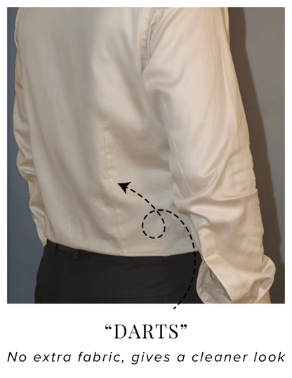 Beige Cotton Satin Formal Shirt with French Cuffs and Concealed Button Down Collar | Dignity | Darts at the back to avoid muffin top View