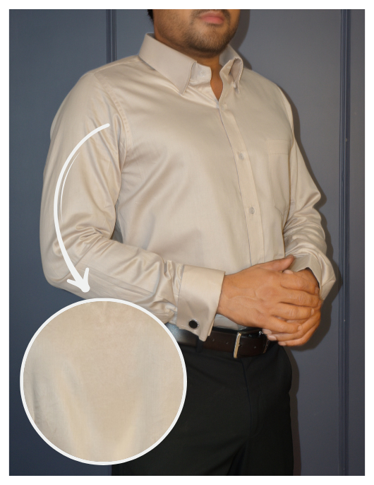 Beige Cotton Satin Formal Shirt with French Cuffs and Concealed Button Down Collar | Dignity | Front View