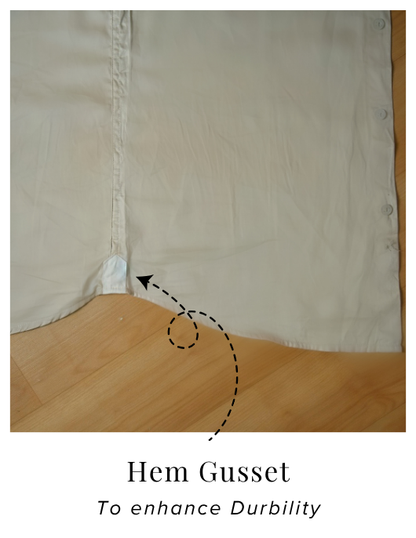 Beige Cotton Satin Formal Shirt with French Cuffs and Concealed Button Down Collar | Dignity | Hem Gusset View