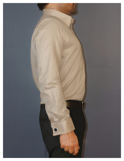 Beige Cotton Satin Formal Shirt with French Cuffs and Concealed Button Down Collar | Dignity | Side View
