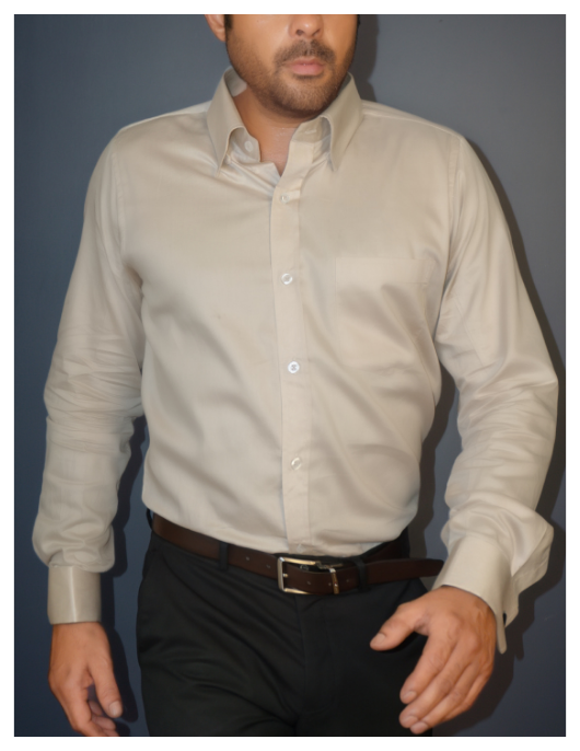 Beige Cotton Satin Formal Shirt with French Cuffs and Concealed Button Down Collar | Dignity | Walking View