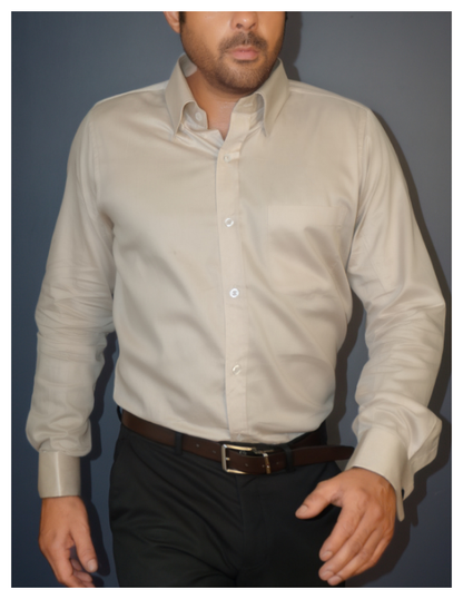 Beige Cotton Satin Formal Shirt with French Cuffs and Concealed Button Down Collar | Dignity | Walking View
