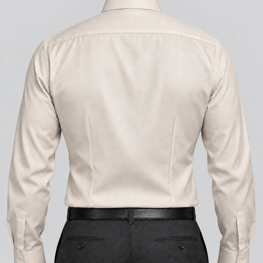 Beige Solid 100% Cotton Formal Shirt for Men – Satin Weave & French Cuffs