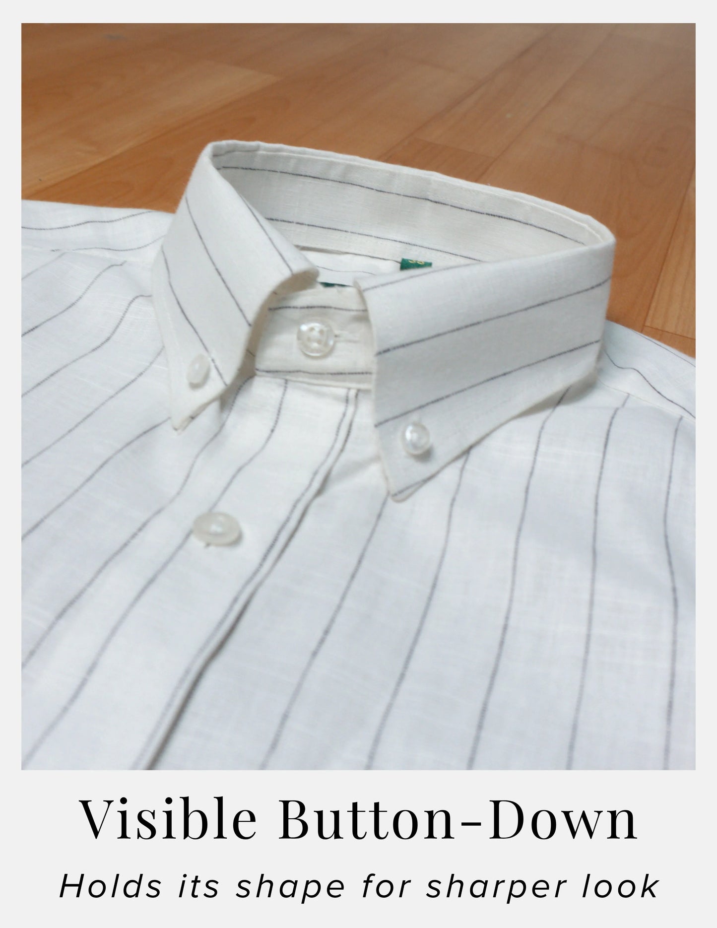 Black Chalk Stripe Linen Shirt for Men – Button-Down Collar & Chest Pocket | Dignity | Button-Down Collar Detail View