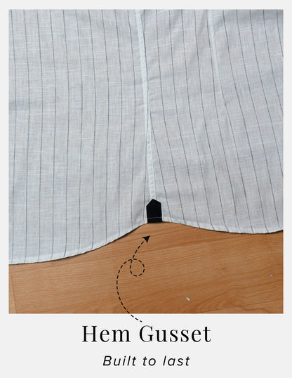 Black Chalk Stripe Linen Shirt for Men – Button-Down Collar & Chest Pocket | Dignity | Hem Gusset Detail View