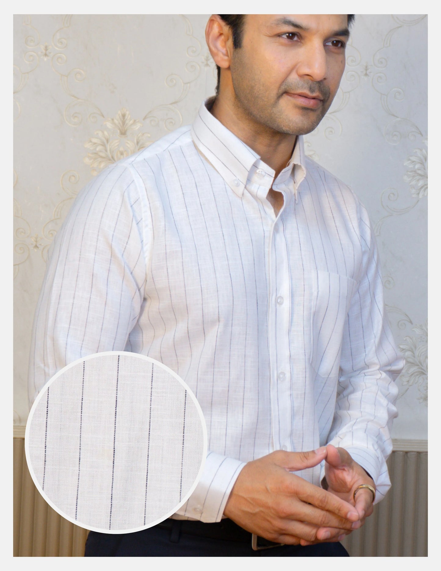 Black Chalk Stripe Linen Shirt for Men – Button-Down Collar & Chest Pocket | Dignity | Hero Front View