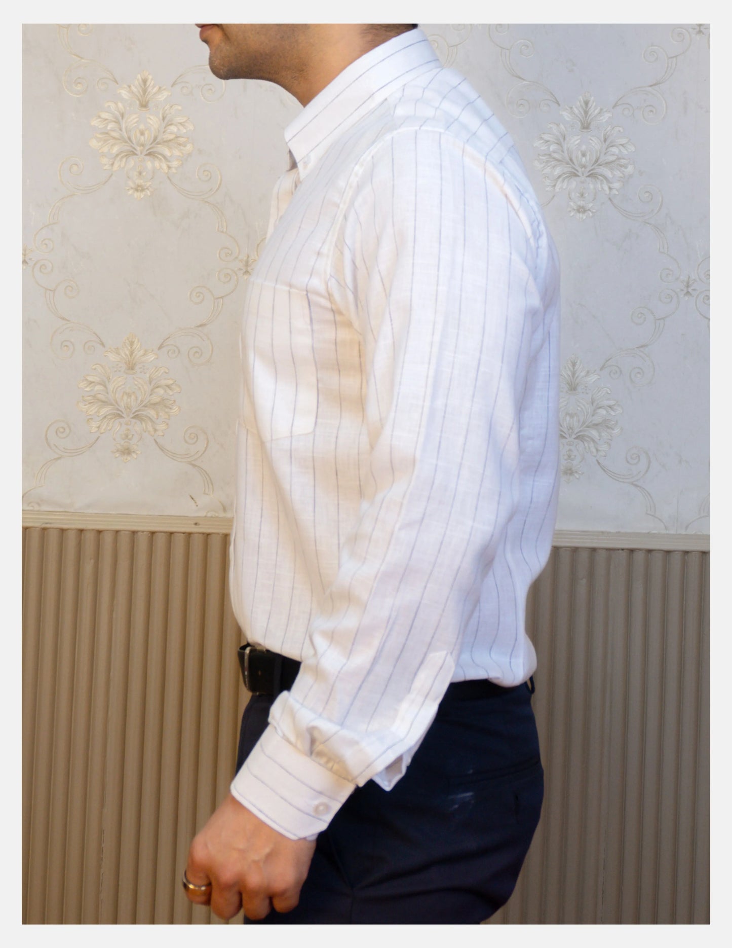 Black Chalk Stripe Linen Shirt for Men – Button-Down Collar & Chest Pocket | Dignity | Side View