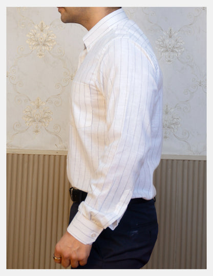 Black Chalk Stripe Linen Shirt for Men – Button-Down Collar & Chest Pocket | Dignity | Side View