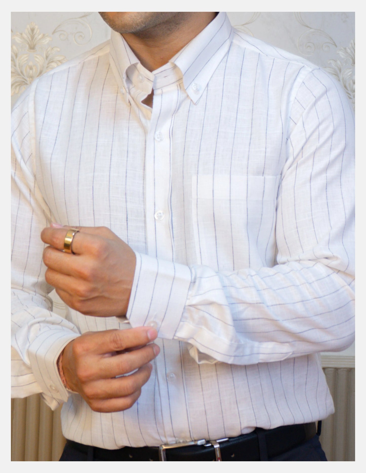 Black Chalk Stripe Linen Shirt for Men – Button-Down Collar & Chest Pocket | Dignity | Sleeve Close-Up View