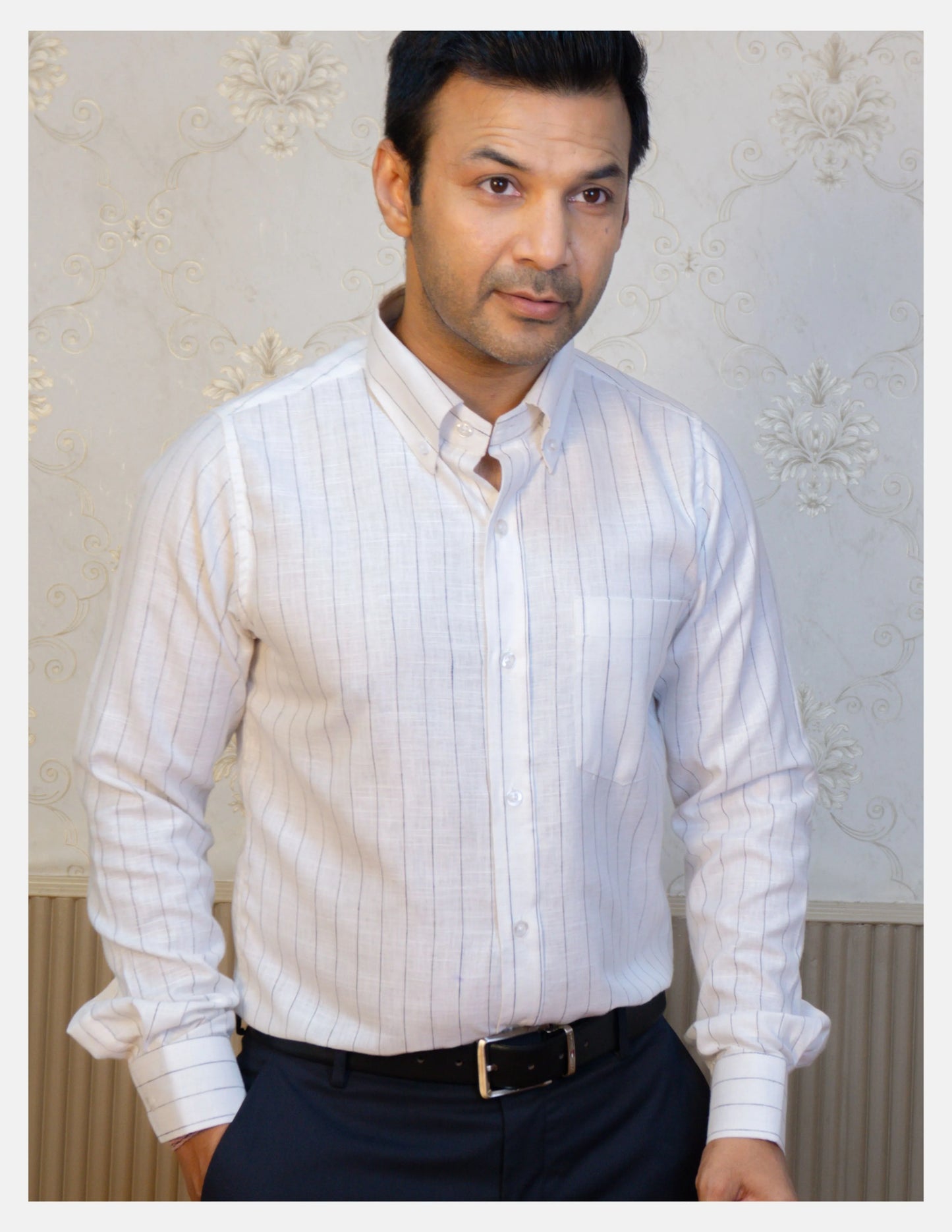 Black Chalk Stripe Linen Shirt for Men – Button-Down Collar & Chest Pocket | Dignity | Tucked-In Walking View