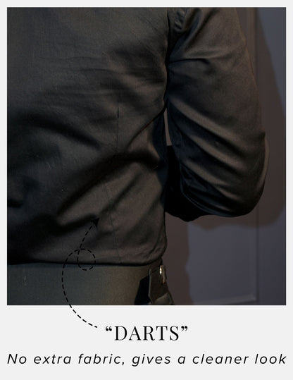 Black Cotton Satin Formal Shirt for Men – French Cuffs | Dignity | Darts at the back to avoid muffin tops