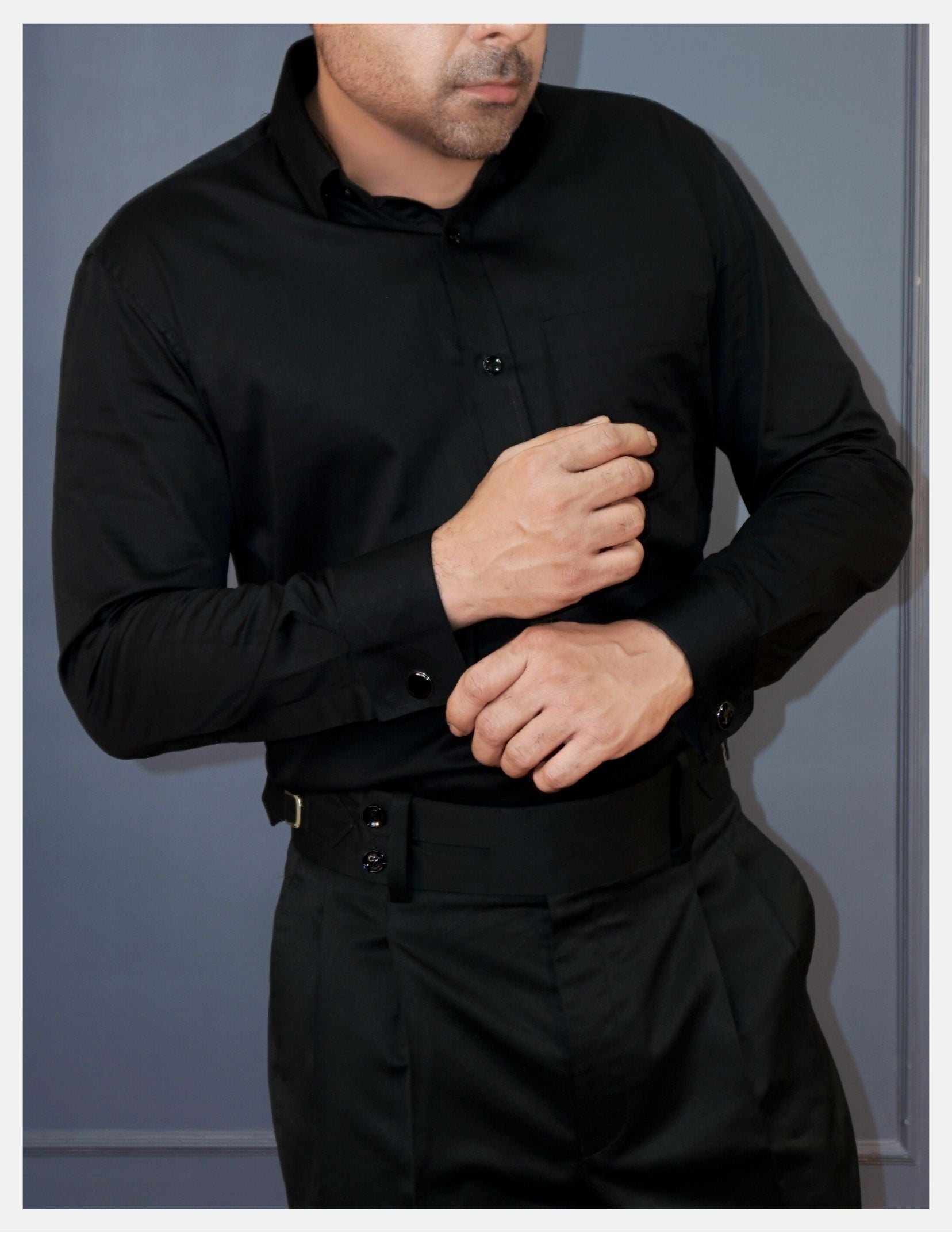 Black Cotton Satin Formal Shirt for Men – French Cuffs | Dignity | Front View