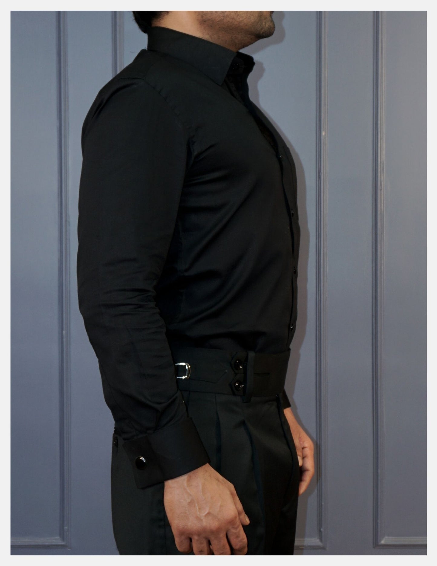 Black Cotton Satin Formal Shirt for Men – French Cuffs | Dignity | Side View