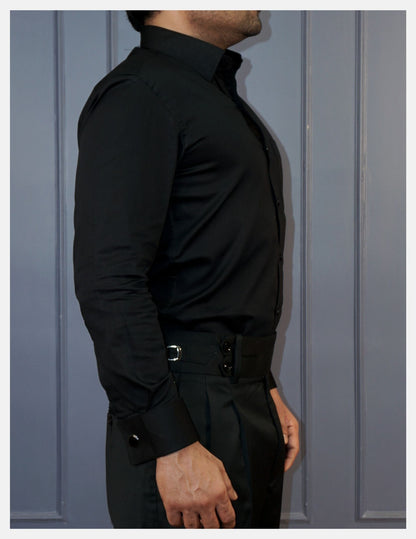 Black Cotton Satin Formal Shirt for Men – French Cuffs | Dignity | Side View