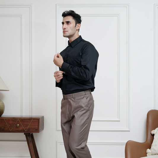 Black Cotton Satin Formal Shirt for Men – French Cuffs/ side view