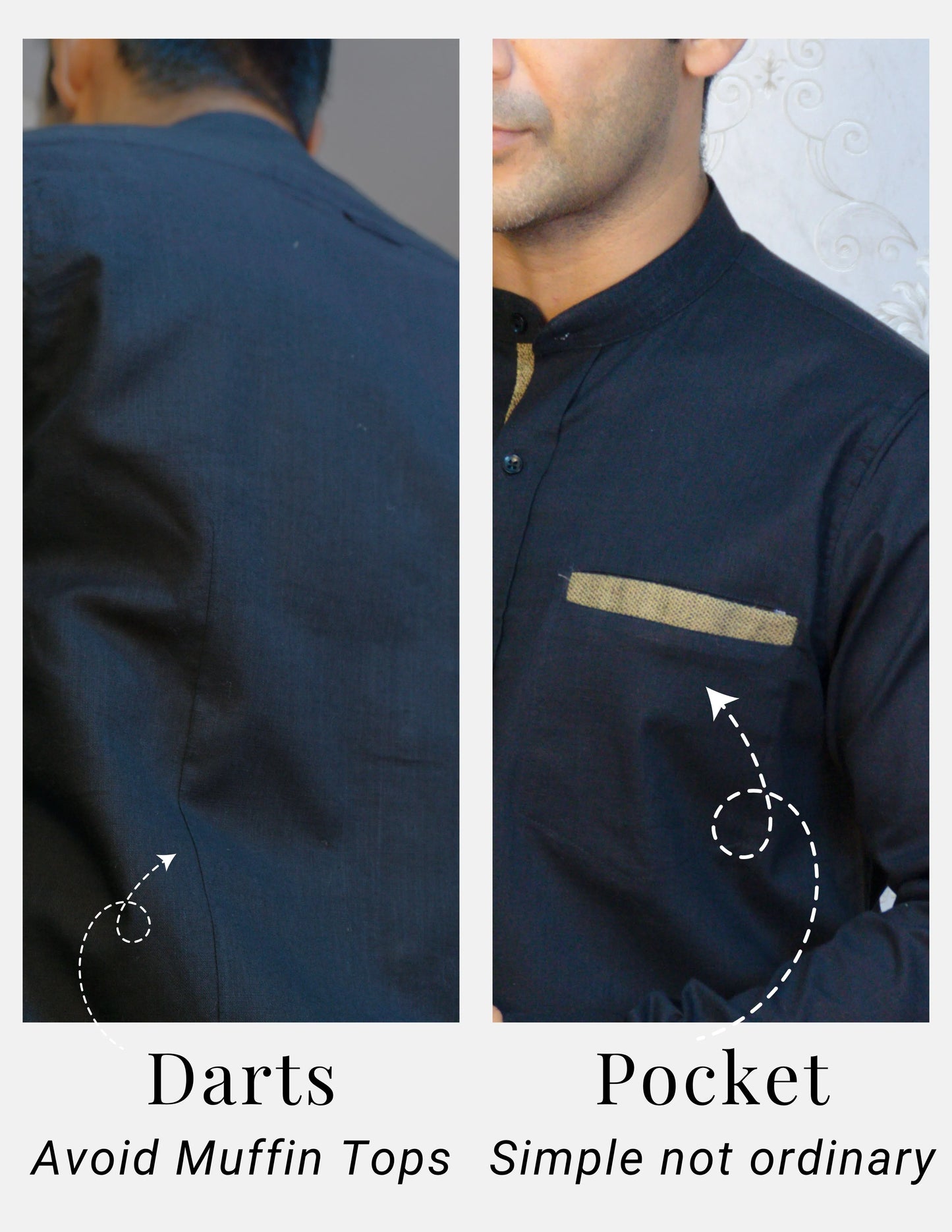 Black Linen Shirt for Men – Mandarin Collar & Brown Contrast Details | Dignity | Back Darts and Pocket Detailing View