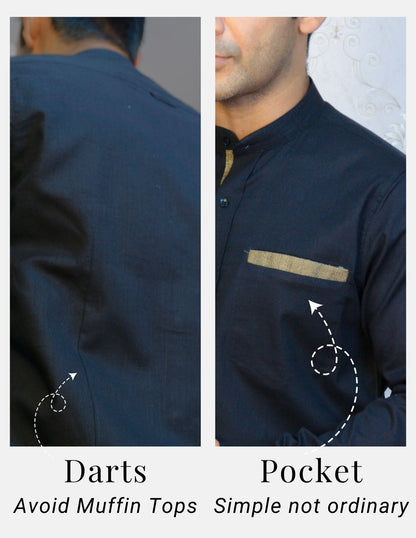 Black Linen Shirt for Men – Mandarin Collar & Brown Contrast Details | Dignity | Back Darts and Pocket Detailing View