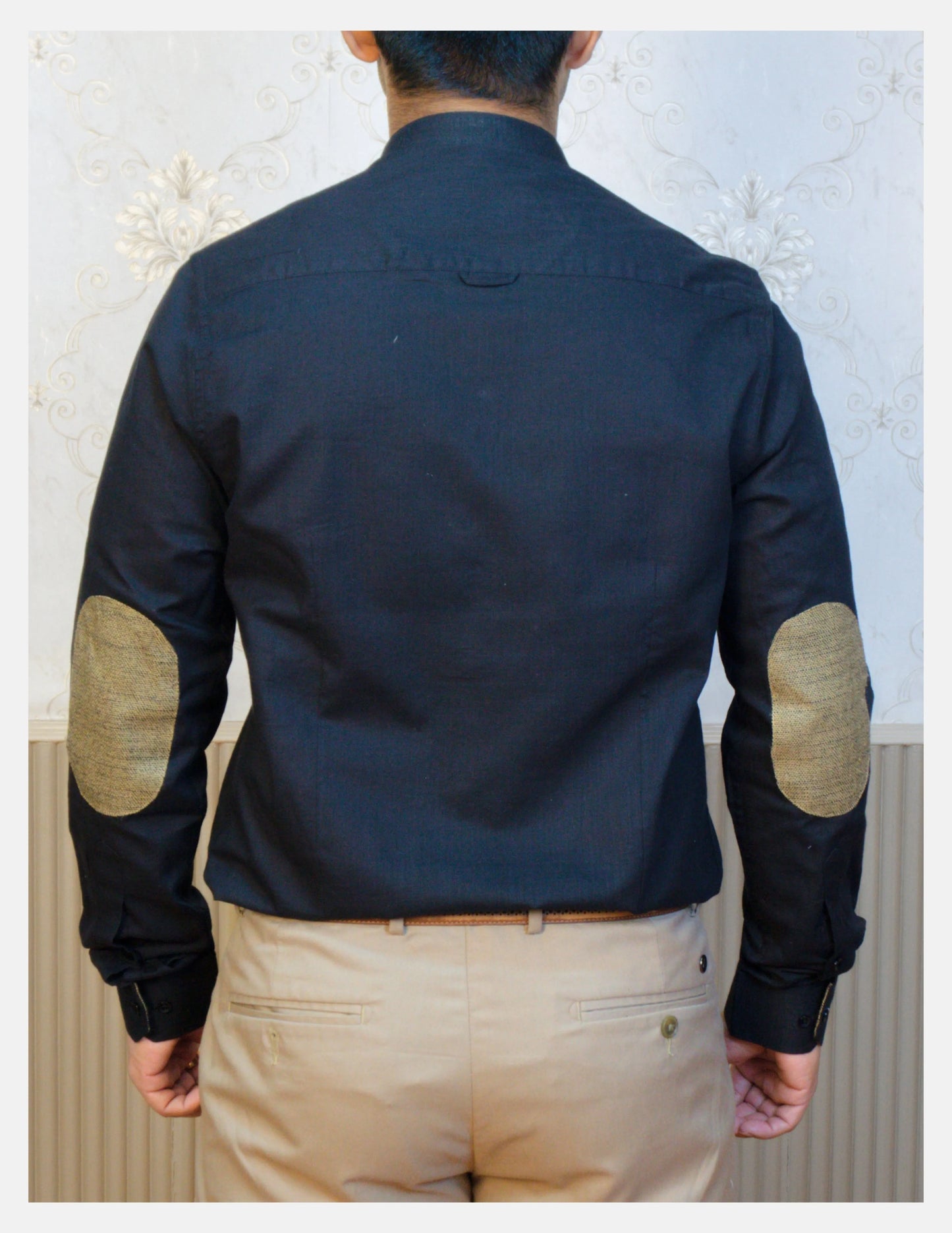 Black Linen Shirt for Men – Mandarin Collar & Brown Contrast Details | Dignity | Back View