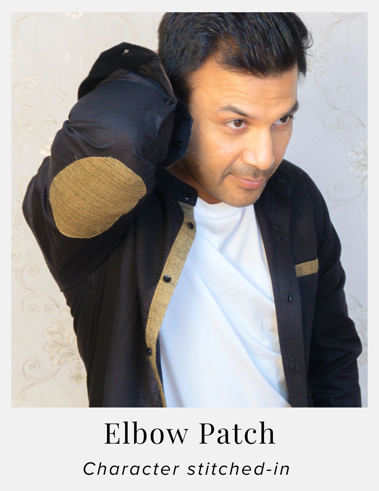 Black Linen Shirt for Men – Mandarin Collar & Brown Contrast Details | Dignity | Brown Elbow Patch Detail View