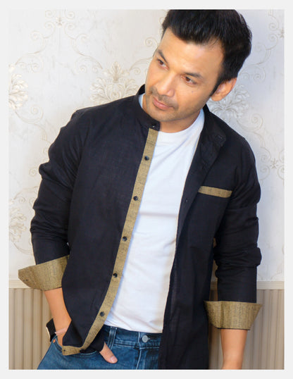 Black Linen Shirt for Men – Mandarin Collar & Brown Contrast Details | Dignity | Casual Open-Button Look