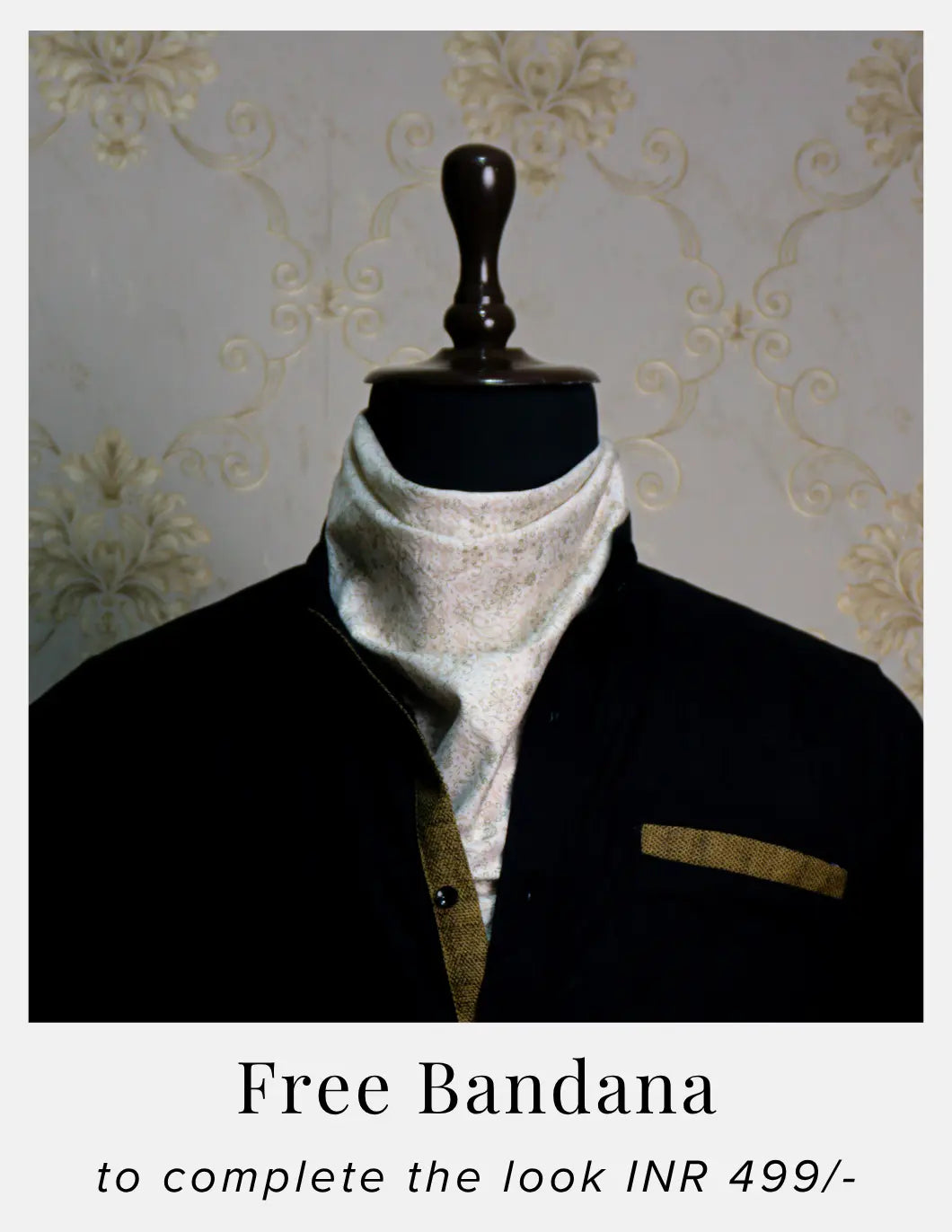 Black Linen Shirt for Men – Mandarin Collar & Brown Contrast Details | Dignity | Complimentary Bandana Styling View