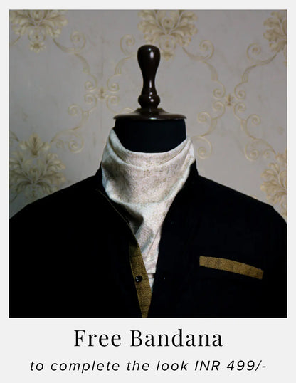 Black Linen Shirt for Men – Mandarin Collar & Brown Contrast Details | Dignity | Complimentary Bandana Styling View