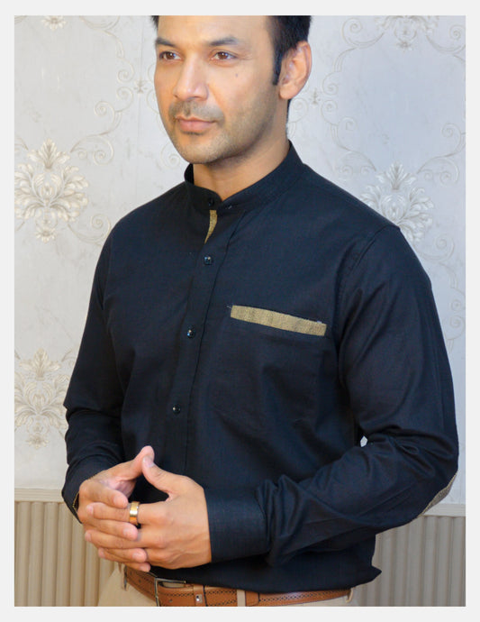 Black Linen Shirt for Men – Mandarin Collar & Brown Contrast Details | Dignity | Hero Front View