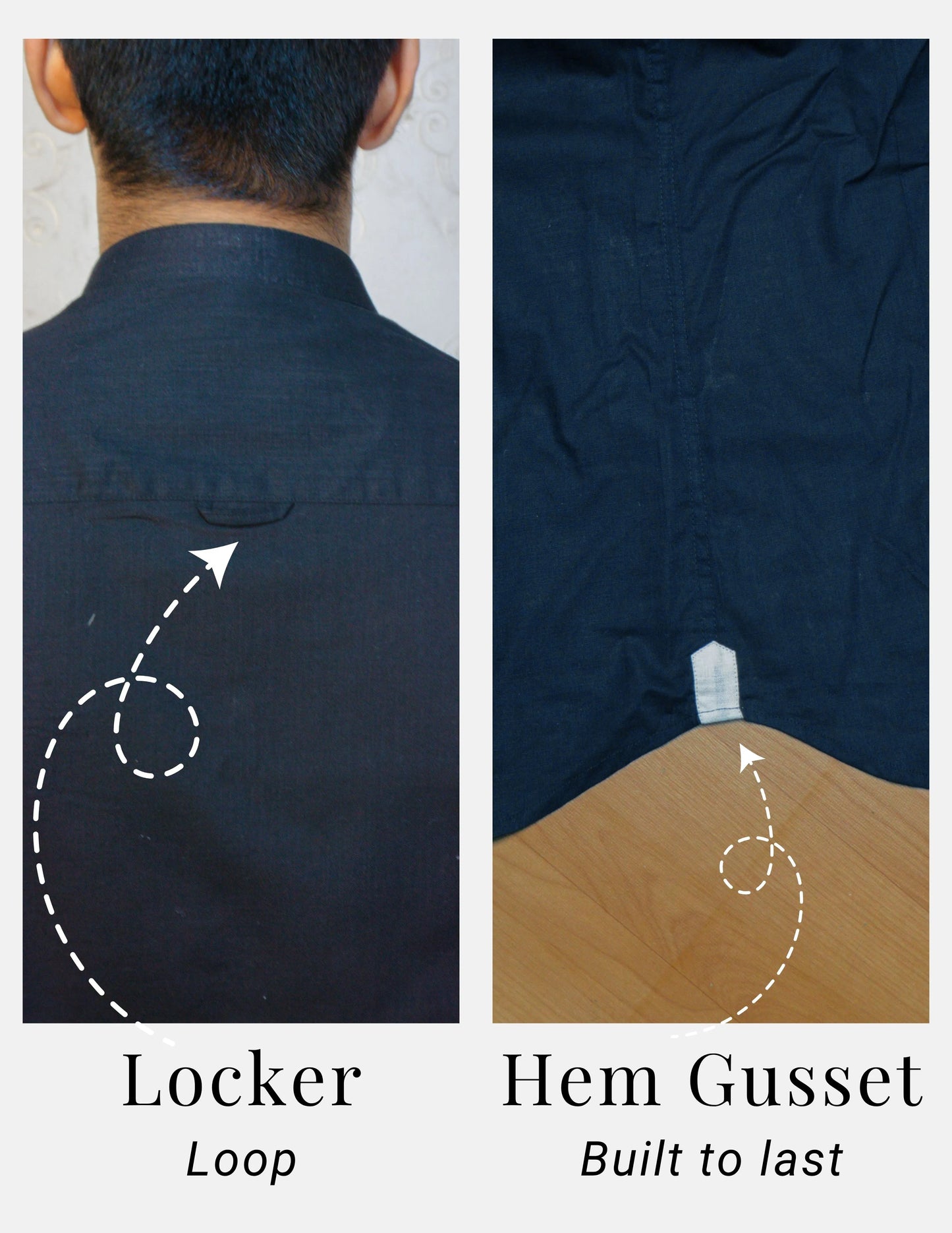Black Linen Shirt for Men – Mandarin Collar & Brown Contrast Details | Dignity | Locker Loop and Hem Gusset Detail View