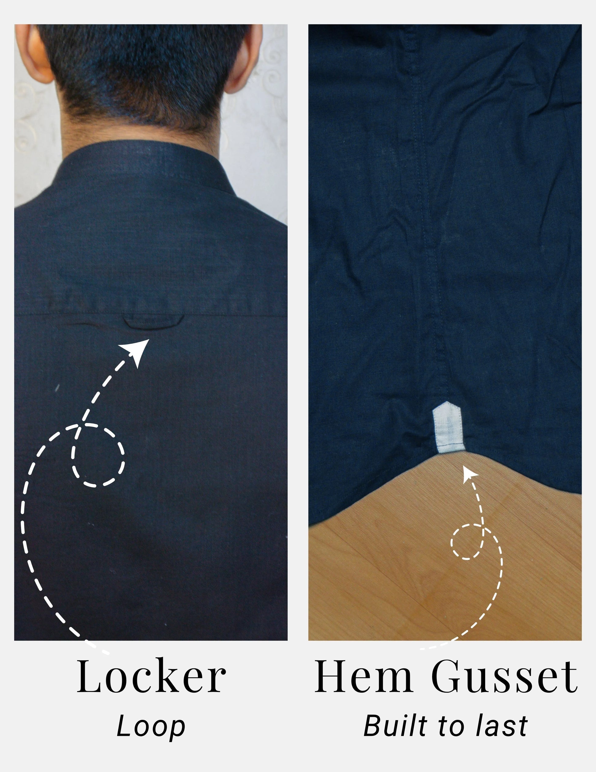 Black Linen Shirt for Men – Mandarin Collar & Brown Contrast Details | Dignity | Locker Loop and Hem Gusset Detail View