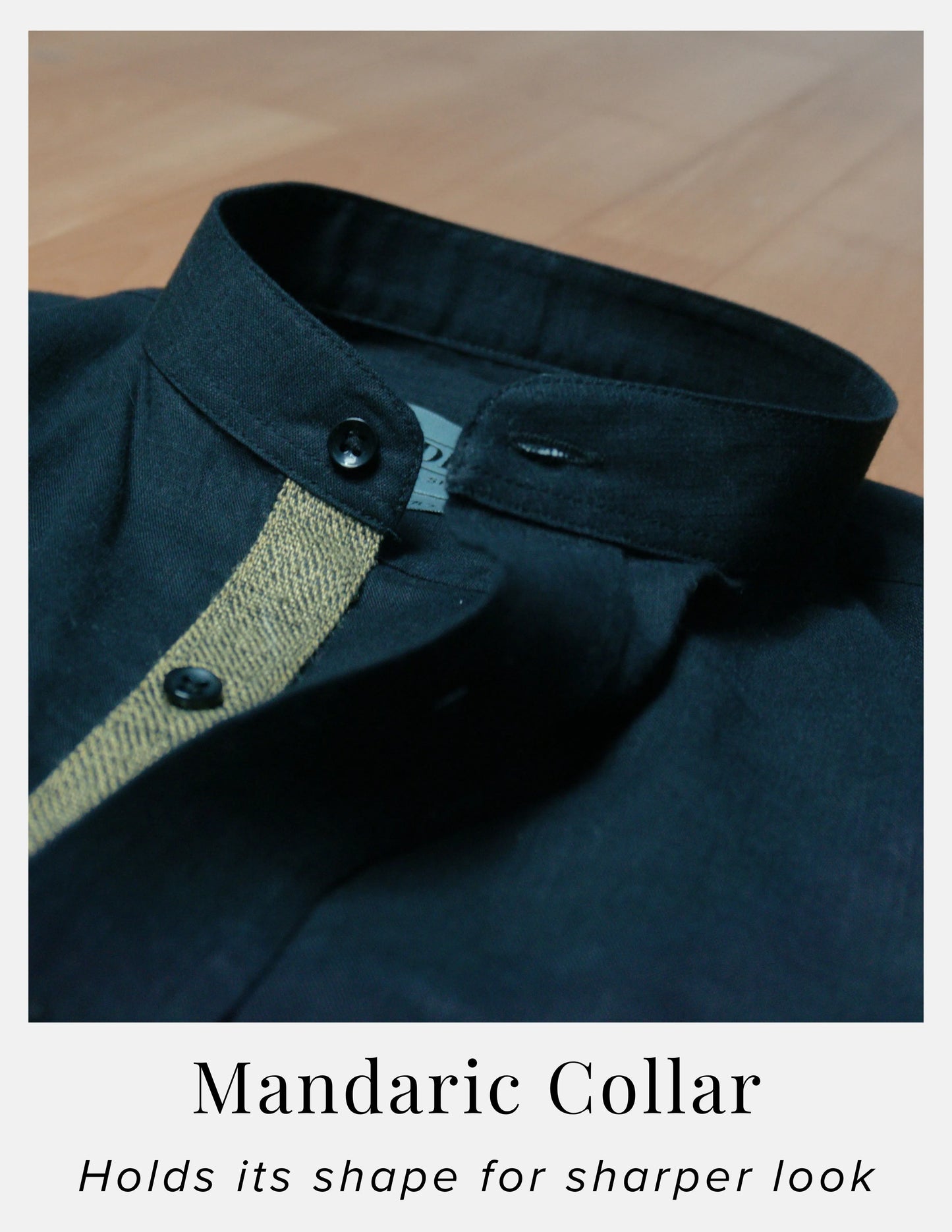 Black Linen Shirt for Men – Mandarin Collar & Brown Contrast Details | Dignity | Mandarin Collar Detail View