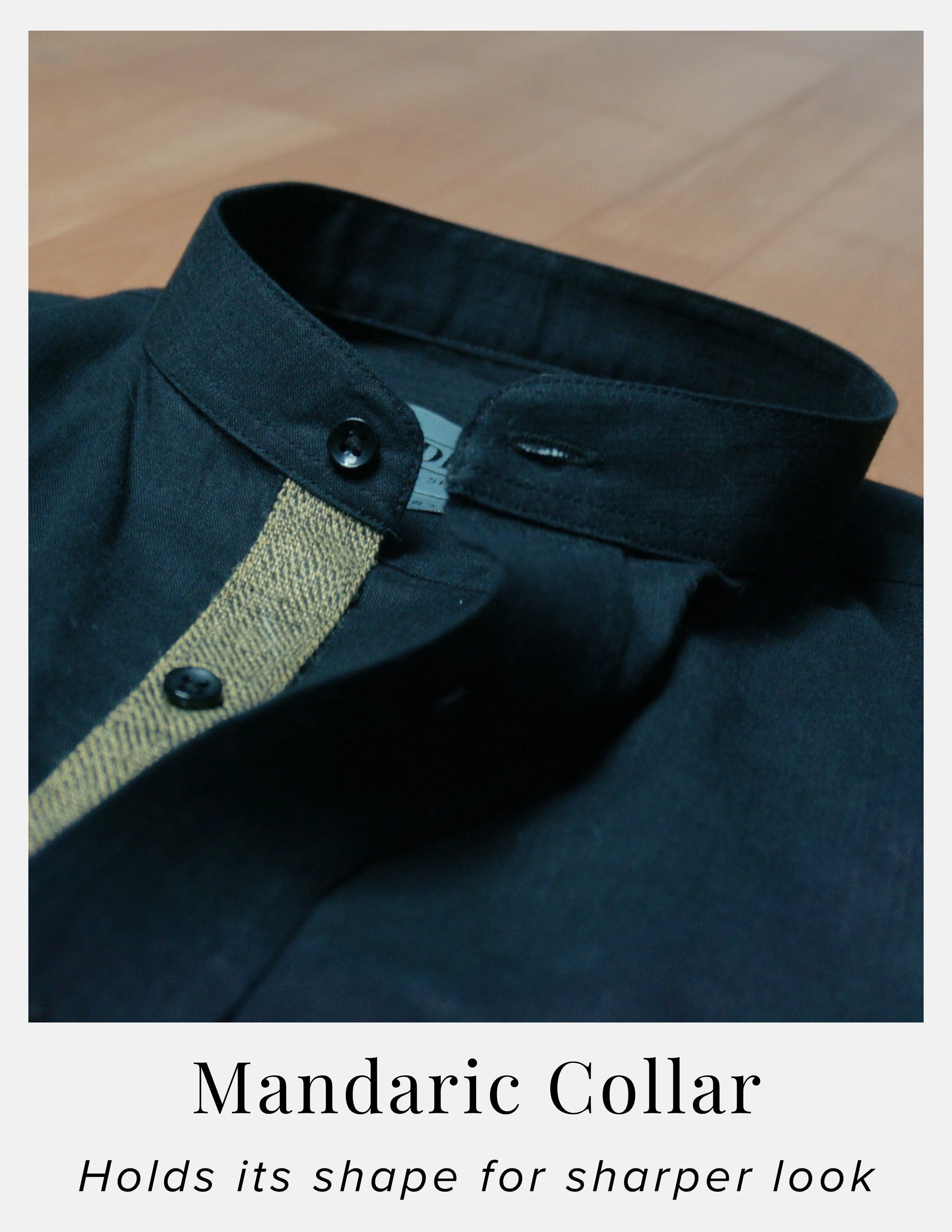 Black Linen Shirt for Men – Mandarin Collar & Brown Contrast Details | Dignity | Mandarin Collar Detail View