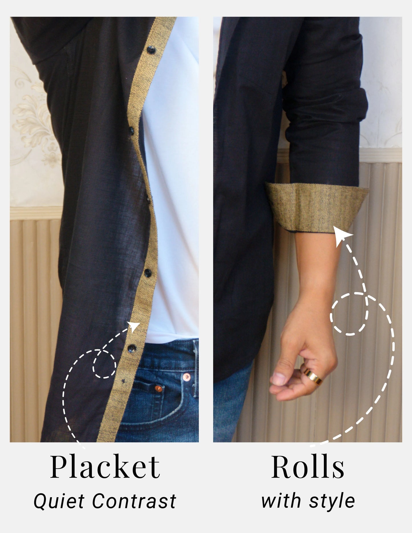 Black Linen Shirt for Men – Mandarin Collar & Brown Contrast Details | Dignity | Placket and Turn-Up Sleeve Detail View